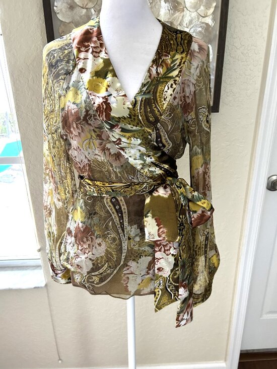 Ice Tops - Vintage Ice Silk Floral Wrap Blouse